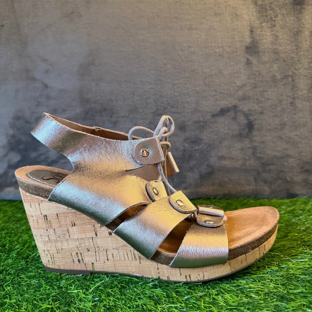 Sofft Style Wedge Sandals Women Size 9.5 Metallic Lace Up Cork Heel Leather